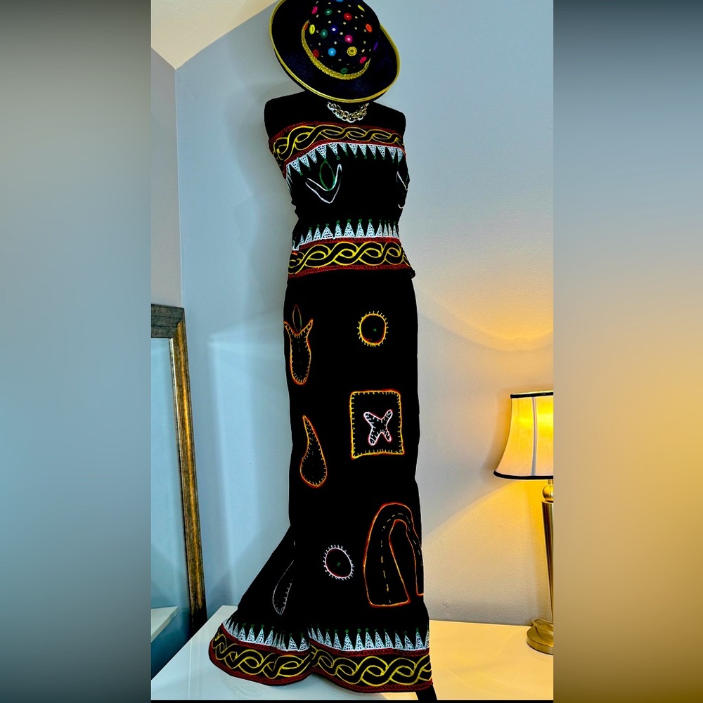 Hand created two piece top and maxi skirt with train.